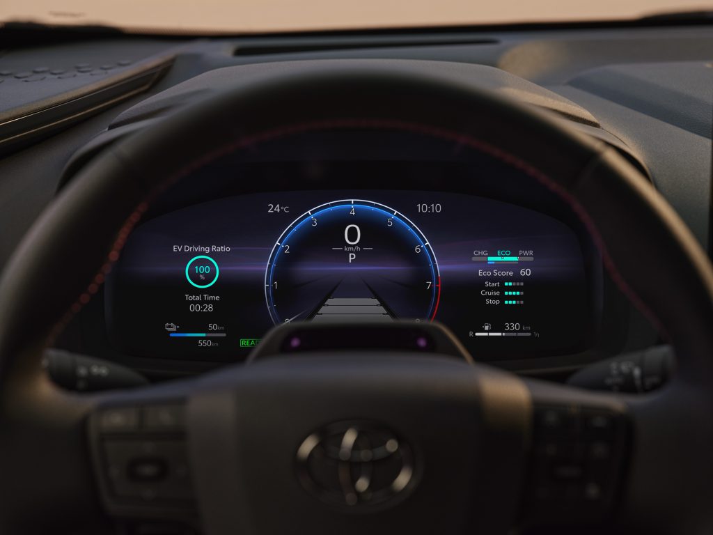 Detalj digitalne instrument table Toyota C-HR sa prikazom EV Driving Ratio