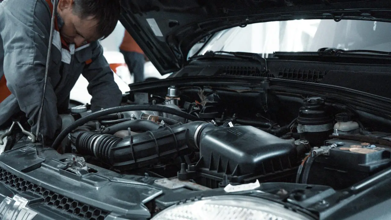Mehaničar proverava motor polovnog automobila ispod podignute haube