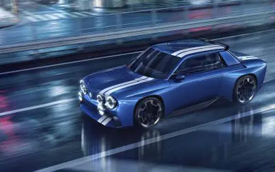 Renault 8 Gordini koncept (2026) u plavoj boji sa belim Gordini prugama