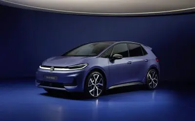 Volkswagen ID.3 Neo 2026, pogled spreda iz ugla tri četvrtine, studijska fotografija, plava metalik boja