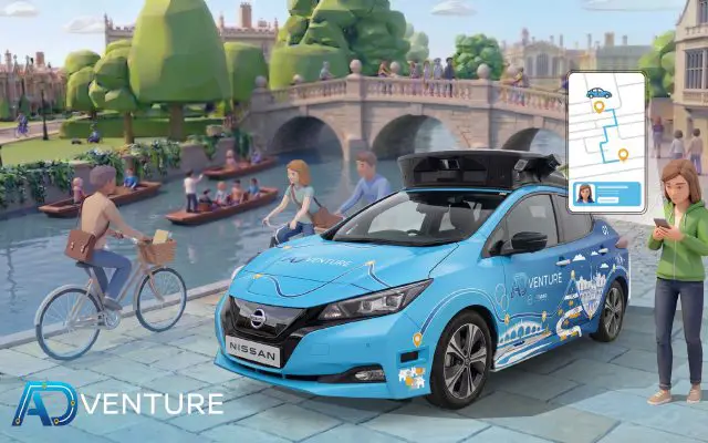 Nissan Leaf sa senzorima na krovu i oznakom ADventure, ilustracija pored reke u Kembridžu