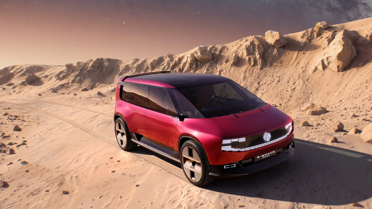 Renault E-Space koncept u pustinjskom ambijentu, pogled na prednji ugao karoserije
