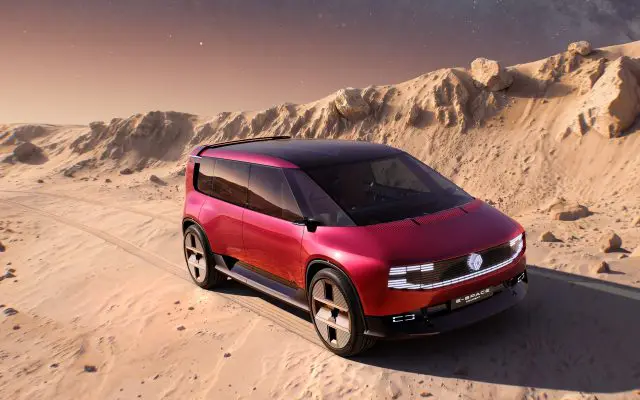 Renault E-Space koncept u pustinjskom ambijentu, pogled na prednji ugao karoserije